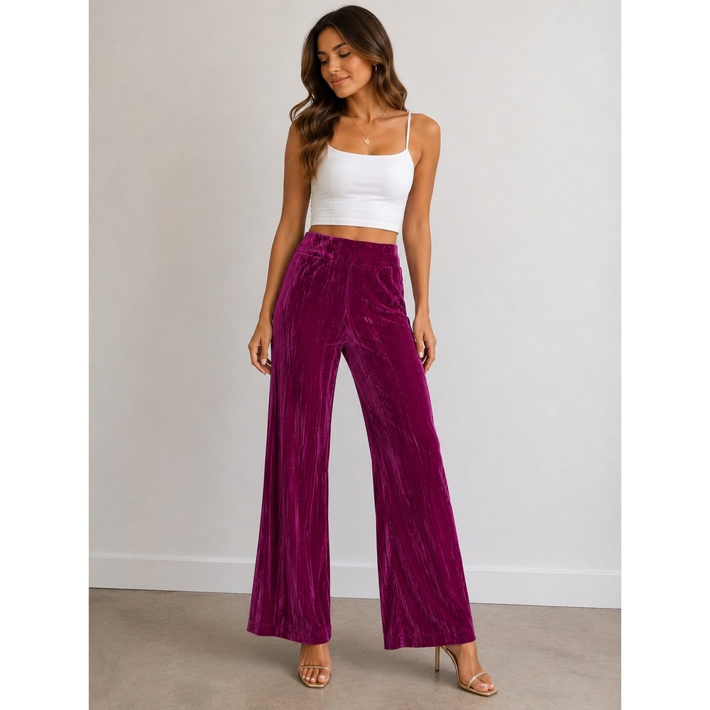 Francesca's Magenta Crushed Velvet Wide Leg Pleated Pants Womens Large Fuchsia